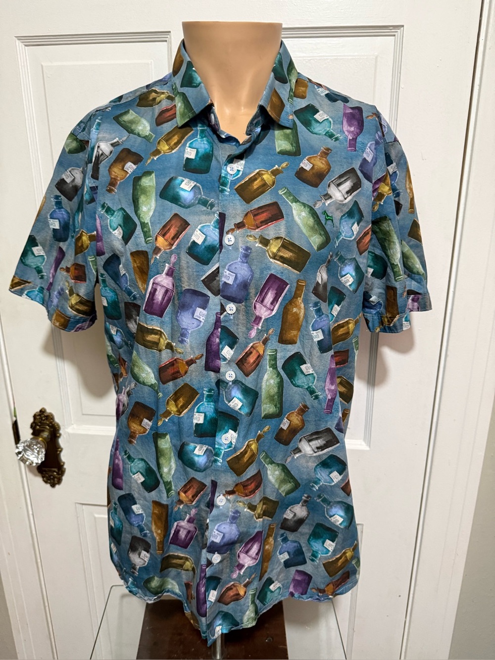 Mens XXL Victor Glass Bottle Button Up Short Sleeve Shirt Blue Green Purple